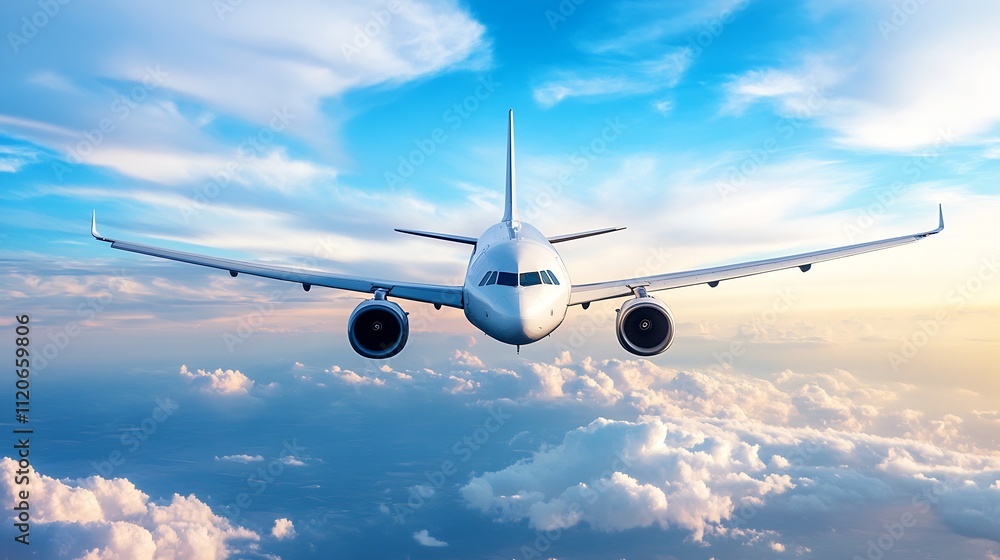 Obraz premium Commercial Airplane Flying Above Clouds in Clear Blue Sky : Generative AI