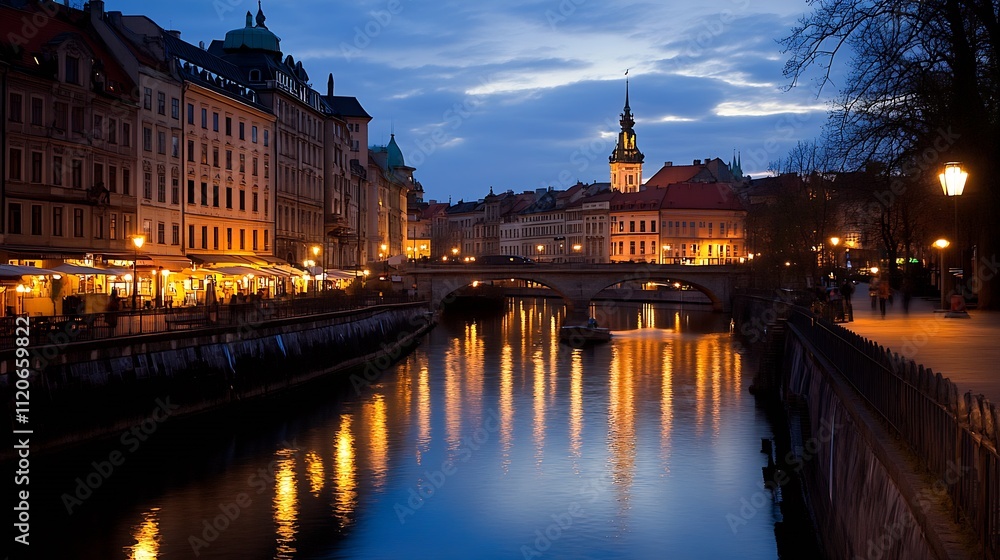 Fototapeta premium Historic European Cityscape at Dusk Alongside River with Reflective Water and Warm Lights : Generative AI
