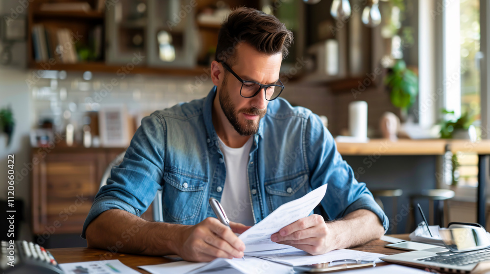 Man paying bills and jotting down notes. Man paying bills and jotting down notes.