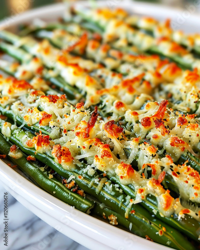 Aromatic roasted green beans with parmesan in white bowl on the marble countertop,Japanese influence photo