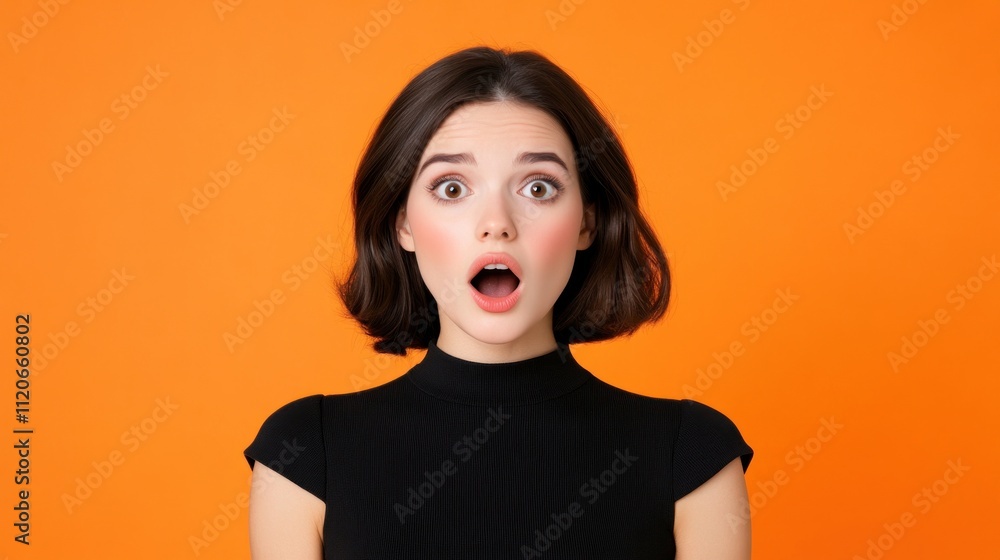 A surprised young woman with short hair against an orange background. A surprised young woman with short hair against an orange background.