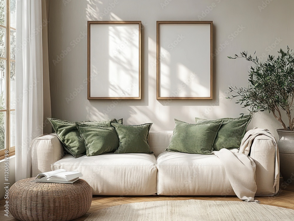 Modern minimalist living room poster mockup with empty picture frames and bright interior design Modern minimalist living room poster mockup with empty picture frames and bright interior design