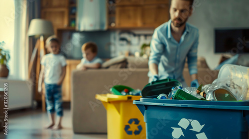 Man sorting garbage near blurred kids and trash cans with a recycle sign at home.