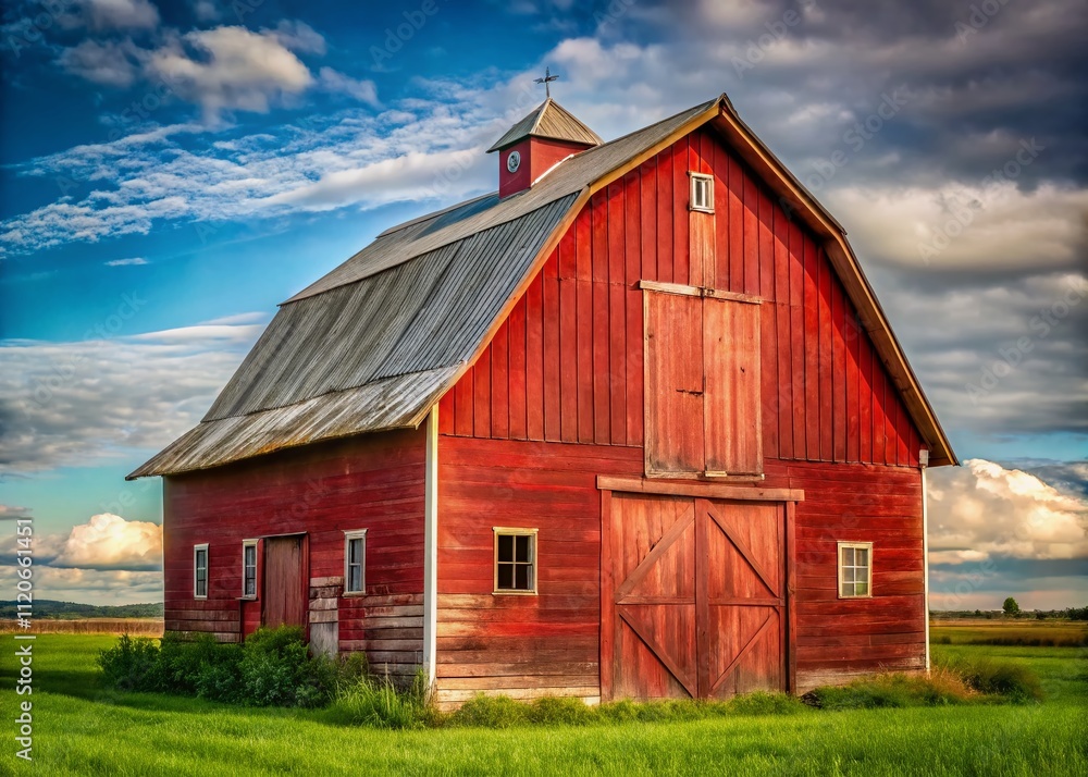 A solitary weathered red barn with a metal roof stands out against a white background, captured in panoramic photography, showcasing rural charm and simplicity. A solitary weathered red barn with a metal roof stands out against a white background, captured in panoramic photography, showcasing rural charm and simplicity.