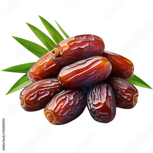 Big dates isolated on a white background. Includes a heap of dry date fruits, such as Medjool or Majhool dates, with green leaves