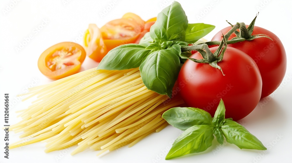 Fresh Spaghetti with Ripe Tomatoes and Basil on White Background : Generative AI Fresh Spaghetti with Ripe Tomatoes and Basil on White Background : Generative AI