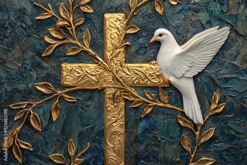 A beautifully crafted golden cross with a white dove perched on it, symbolizing peace and spirituality. photo