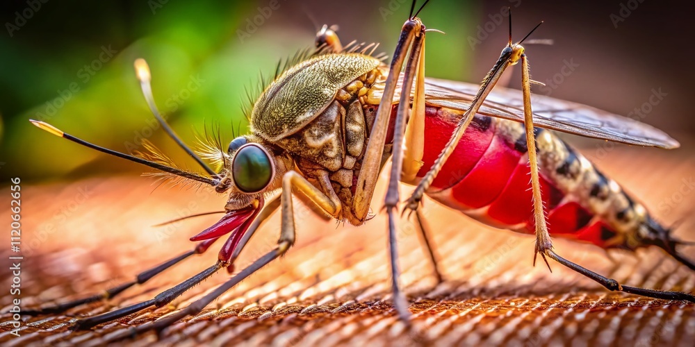 A striking close-up captures the mosquito's intricate anatomy as it feeds on human skin, highlighting its role in disease transmission within a fashionable photographic lens. A striking close-up captures the mosquito's intricate anatomy as it feeds on human skin, highlighting its role in disease transmission within a fashionable photographic lens.