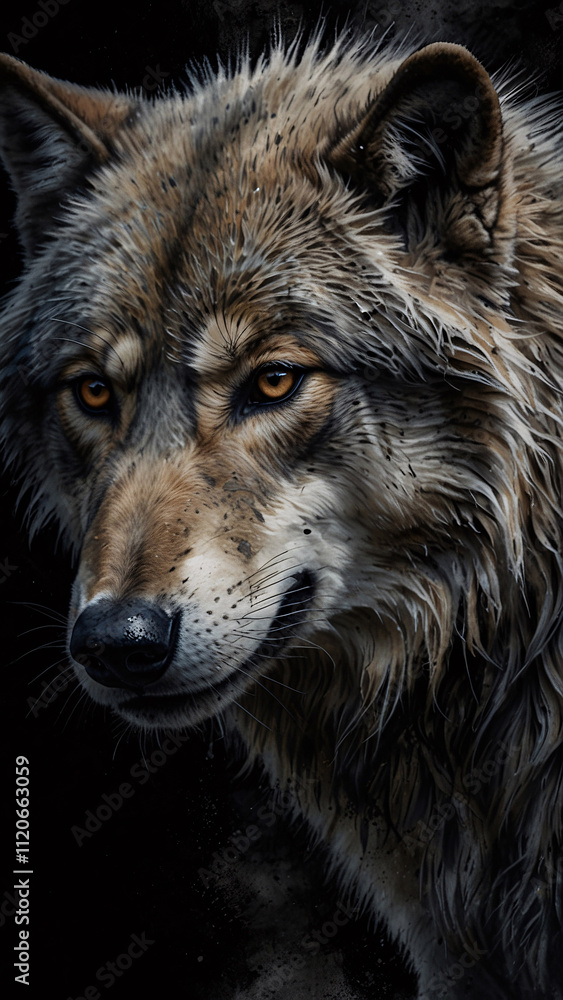 Fototapeta premium Stunning Wild Wolf in Abstract Dark Forest Setting Professionally Shot with Artistic and Raw Natural Beauty