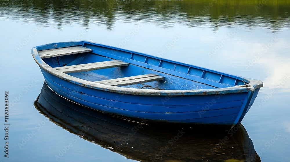 Peaceful Blue Rowboat on Tranquil Lake with Reflection of Trees and Sky : Generative AI Peaceful Blue Rowboat on Tranquil Lake with Reflection of Trees and Sky : Generative AI