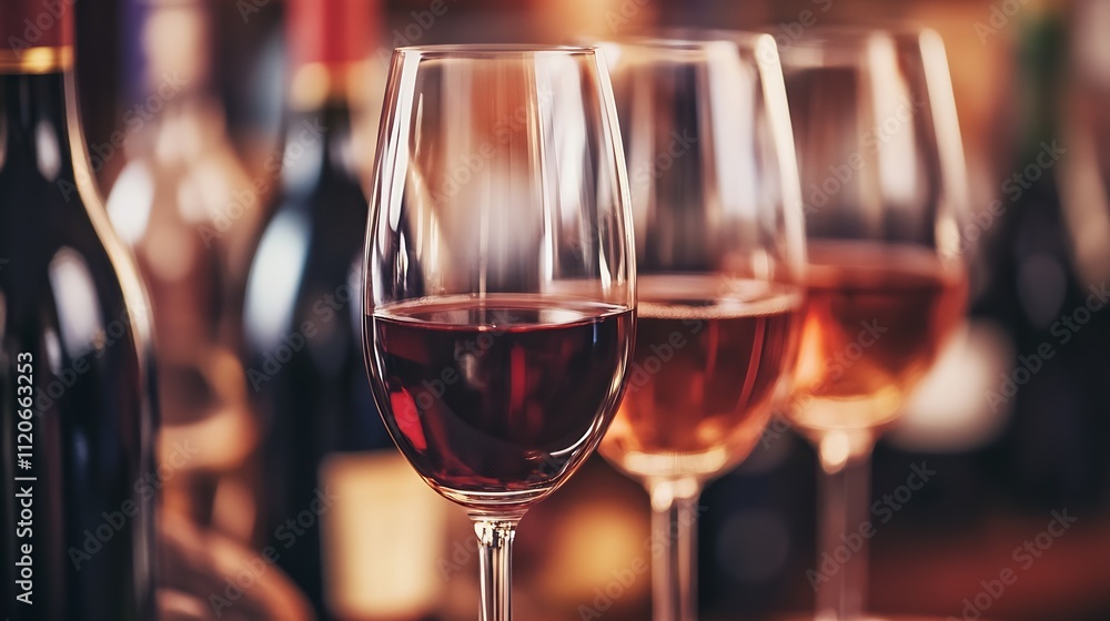 Elegant Wine Glasses with Red and Rose Wines on Wooden Bar : Generative AI Elegant Wine Glasses with Red and Rose Wines on Wooden Bar : Generative AI
