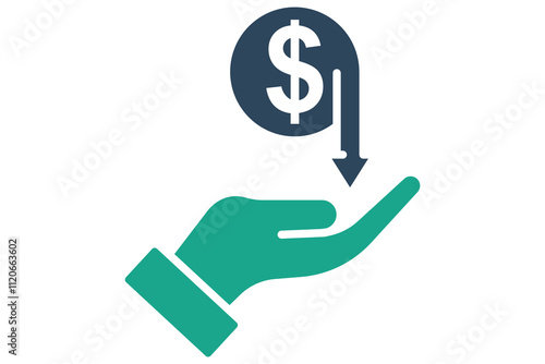 Cost saving icon. solid icon style. hand with dollar and down arrow. icon related to procurement. procurement management elements vector illustration