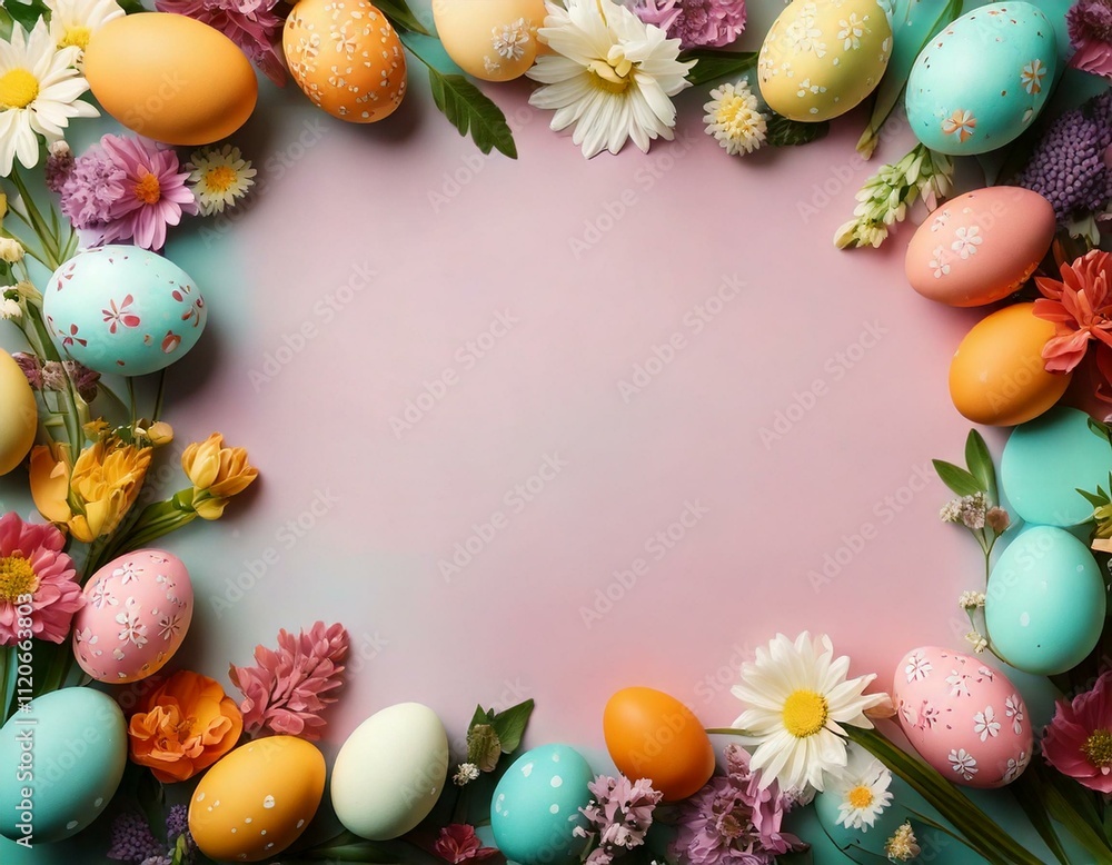 empty pastel surface with frame of easter eggs and spring flowers, background, copy space empty pastel surface with frame of easter eggs and spring flowers, background, copy space