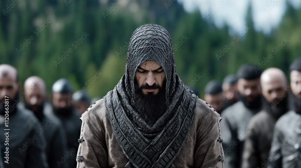 A solemn gathering of men in a mountainous setting. A solemn gathering of men in a mountainous setting.