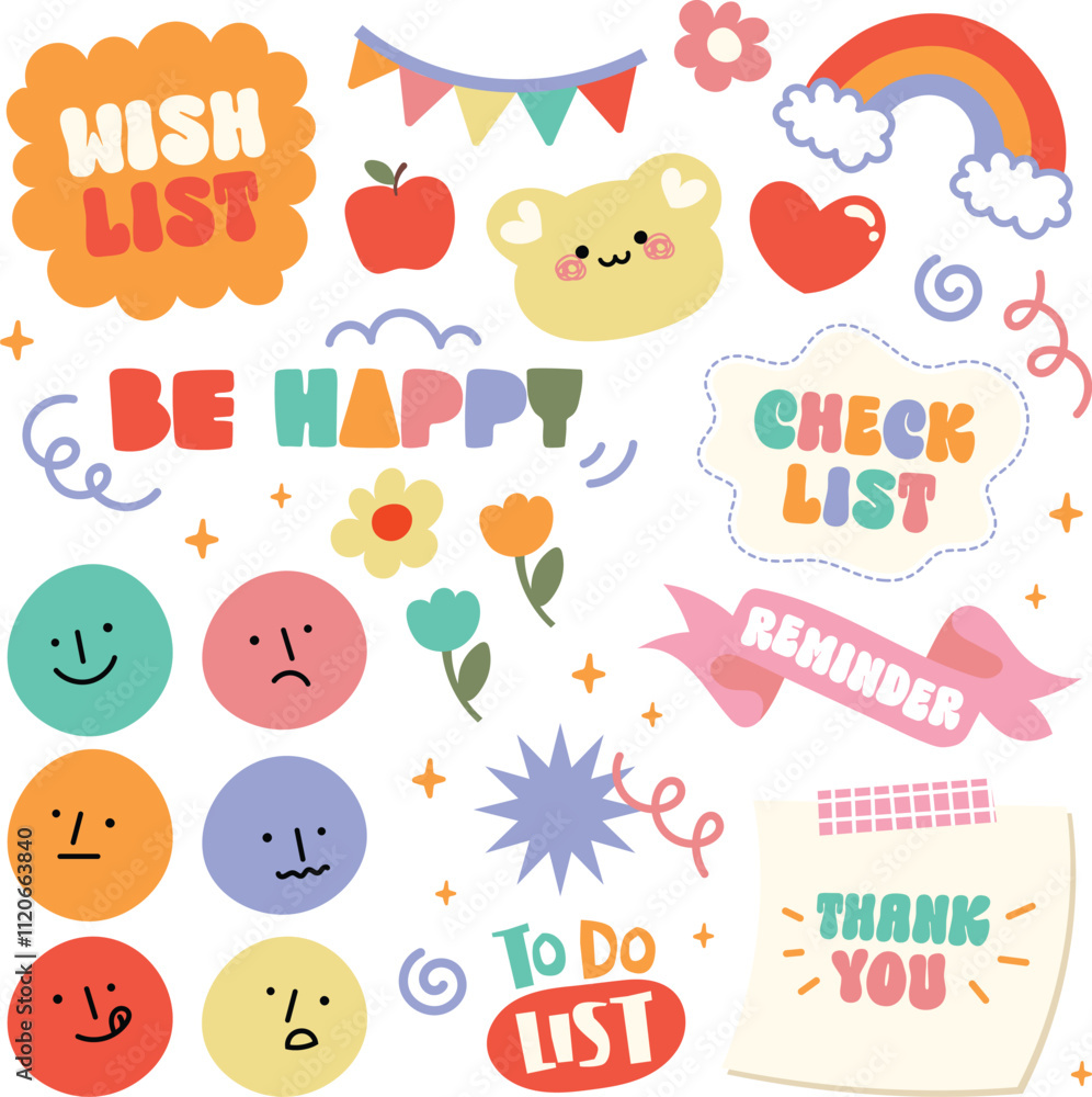 flat design vector cute kawaii set of stickers for kids, colorful smiley emoticon element design flat design vector cute kawaii set of stickers for kids, colorful smiley emoticon element design