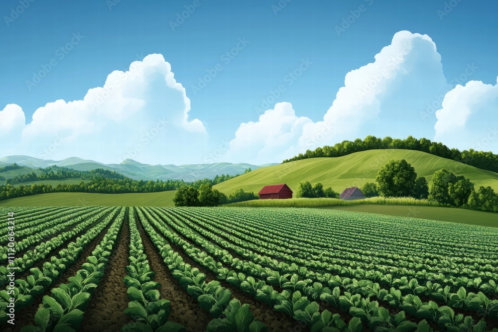 Farming action in lush green fields rural landscape digital illustration bright day scenic viewpoint agricultural concept Farming action in lush green fields rural landscape digital illustration bright day scenic viewpoint agricultural concept