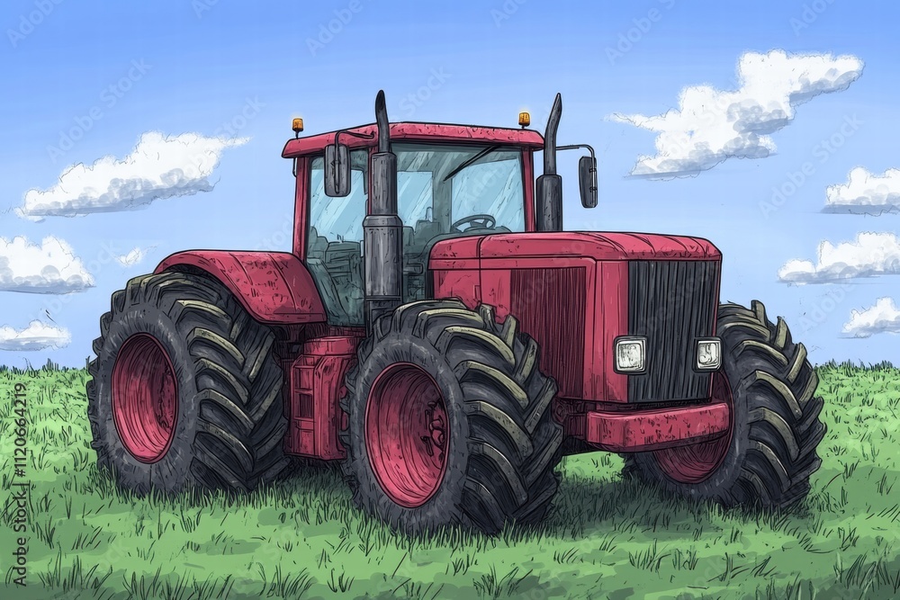 Farming actionred tractor in green field digital artwork rural environment bright sky agricultural concept Farming actionred tractor in green field digital artwork rural environment bright sky agricultural concept
