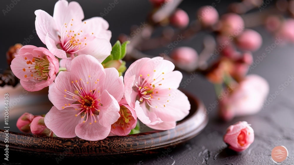 Delicate Pink Almond Blossoms on Dark Background Delicate Pink Almond Blossoms on Dark Background