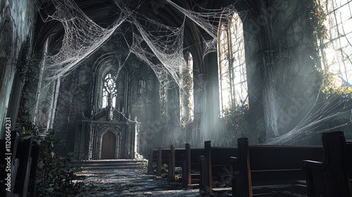 A once-grand, abandoned church interior is depicted, showcasing intricate architectural features now consumed by nature. Tall gothic windows allow filtered sunlight to penetrate the dust-laden air, il photo