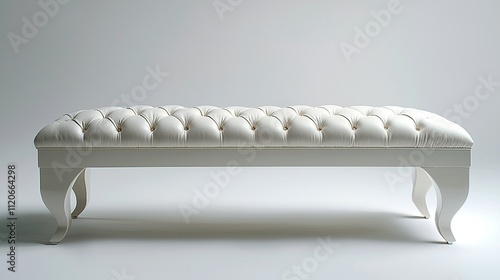 A stylish white tufted bench with elegant legs, perfect for seating or decoration.