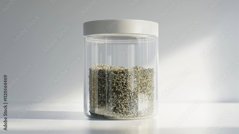 A transparent jar filled with small, light-colored herbs or spices. A transparent jar filled with small, light-colored herbs or spices.
