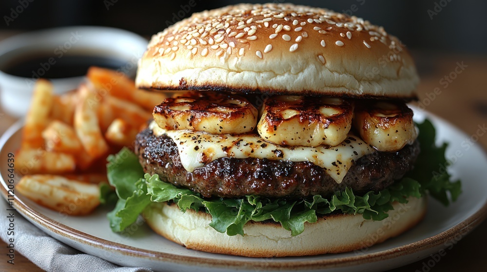 A delicious burger with grilled bananas and fries on a plate. A delicious burger with grilled bananas and fries on a plate.