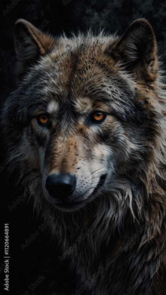 Fototapeta premium Enigmatic Wild Wolf Silhouette Against a Dark Abstract Backdrop High Resolution Professional Photography with Artistic and Mysterious Details