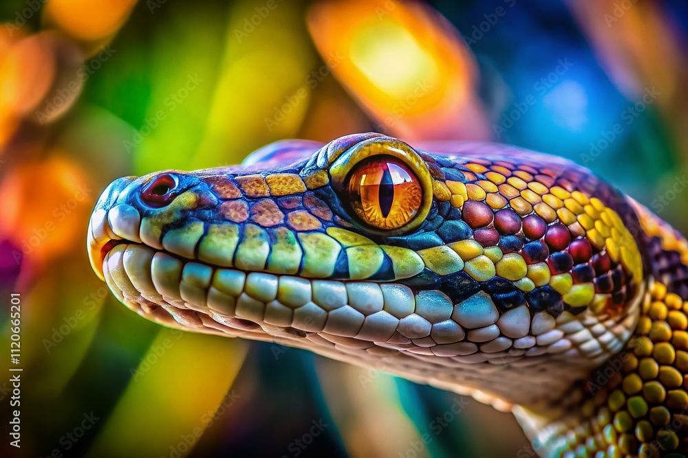 Fototapeta premium A stunning close-up of a Python snake showcases its mesmerizing eyes against a softly blurred backdrop, capturing the essence of candid photography in stunning 4K quality.