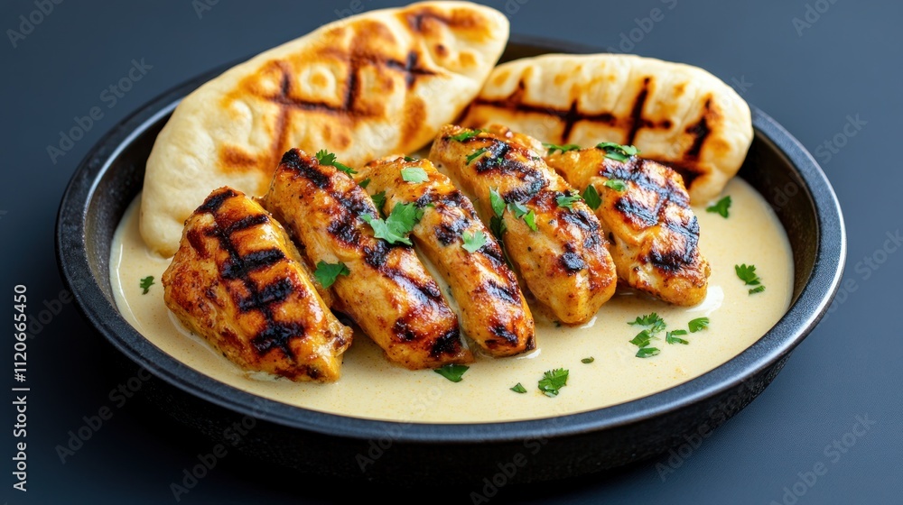 Grilled chicken served with naan and creamy sauce on a plate. Grilled chicken served with naan and creamy sauce on a plate.