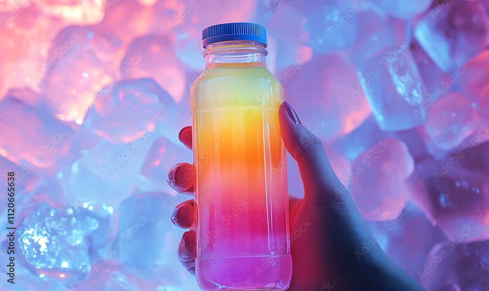 A colorful drink in a bottle held against a backdrop of ice and vibrant lighting. A colorful drink in a bottle held against a backdrop of ice and vibrant lighting.