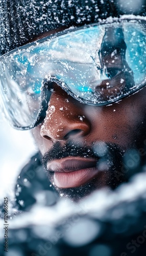 Dynamic winter portrait of a man wearing stylish reflective sunglasses