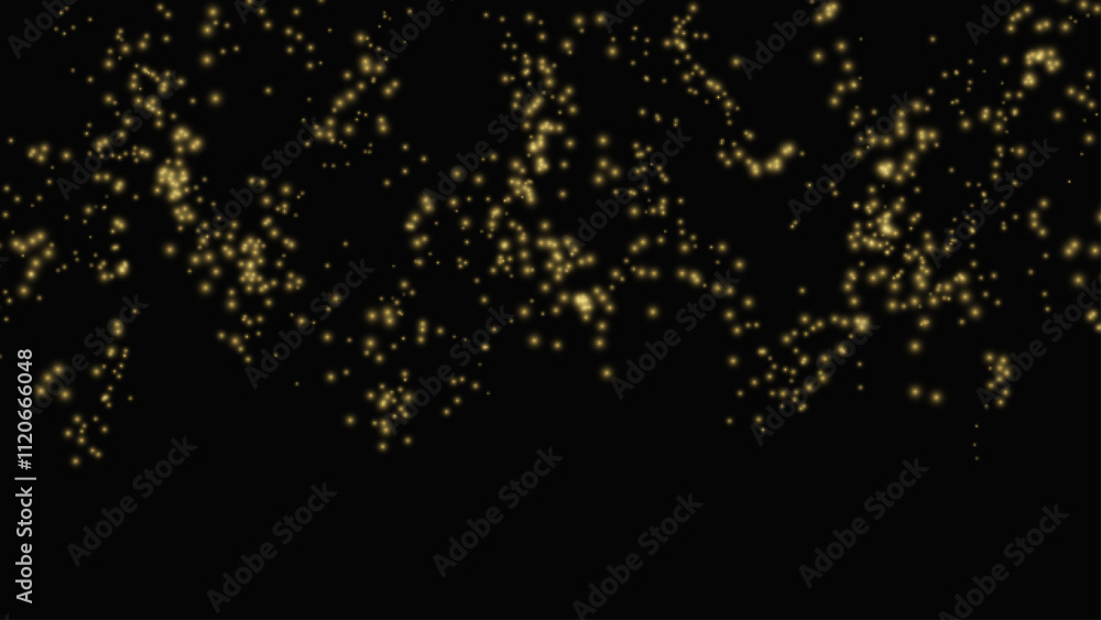 Gold glitter particles on black background. Golden lights flare abstract vector illustration. Explosion sparkle in space. Shimmering backdrop for Christmas or New Year designs.