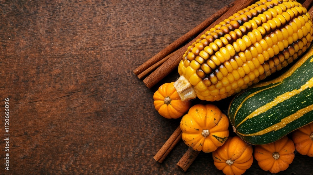 Autumn Harvest Corn, Pumpkins, and Cinnamon on Rustic Wood Background Autumn Harvest Corn, Pumpkins, and Cinnamon on Rustic Wood Background