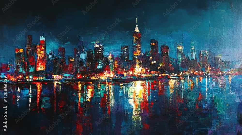 Obraz premium Evening skyline with lights reflecting off a river, creating a vibrant cityscape