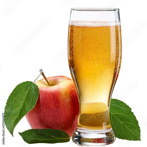 Glass of Sparkling Apple Cider with Whole Apple and Green Leaves on White
