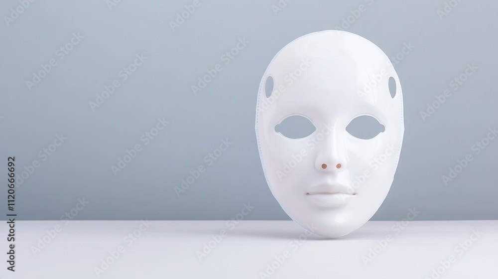 A minimalist white mask on a table against a soft background. A minimalist white mask on a table against a soft background.