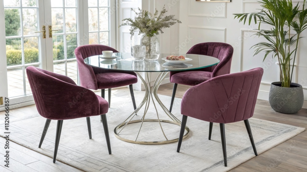 Fototapeta premium Brightly lit the dining space is anchored by a contemporary round table composed of crystalclear glass. Soft velvety chairs in deep hues provide a striking contrast enhancing the
