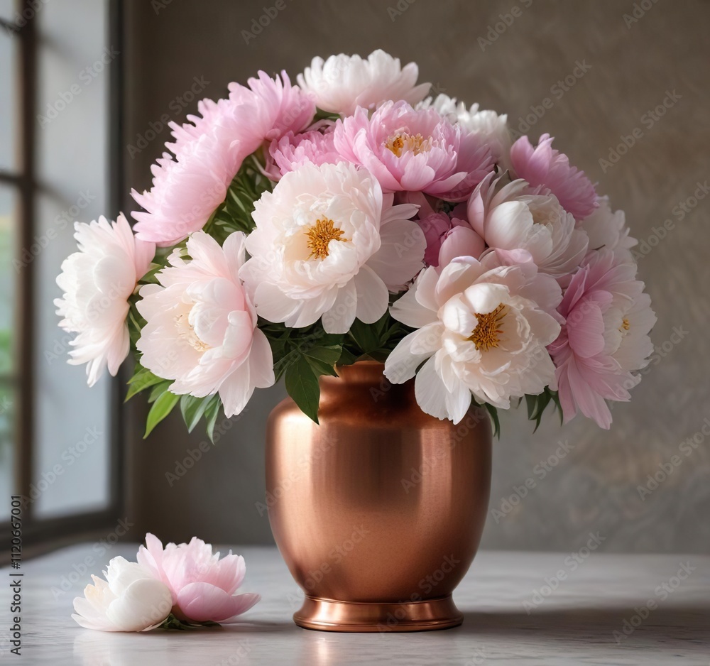 Pink and white peonies arranged in a beautiful copper vase, Valentine's Day, flowers, decorative Pink and white peonies arranged in a beautiful copper vase, Valentine's Day, flowers, decorative