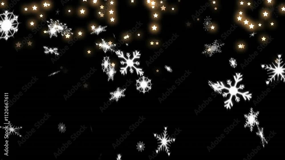 Snowflakes and stars animating on black background Snowflakes and stars animating on black background