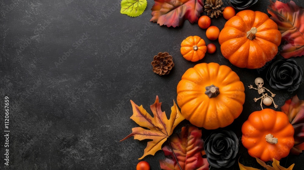 Autumnal Halloween Still Life with Pumpkins, Leaves, and Black Roses on Dark Background Autumnal Halloween Still Life with Pumpkins, Leaves, and Black Roses on Dark Background