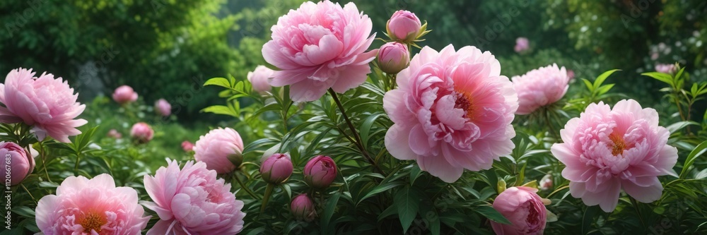 Pink peonies and roses in a lush greenery setting with natural background , pink peonies, nature scenery, rose flowers Pink peonies and roses in a lush greenery setting with natural background , pink peonies, nature scenery, rose flowers