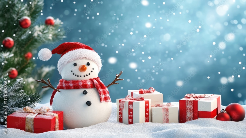 Snow man and gifts flat design front view North Pole theme 3D Snow man and gifts flat design front view North Pole theme 3D