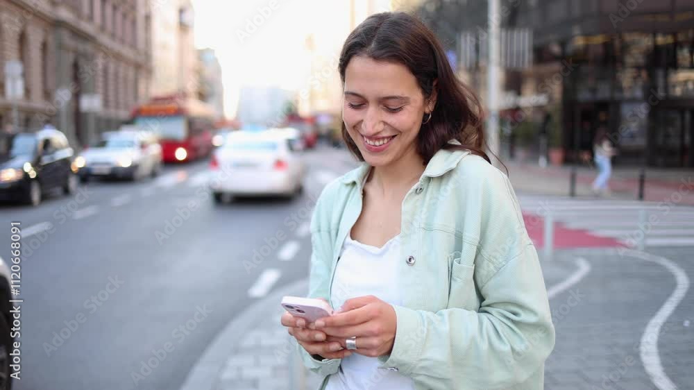Beautiful, young woman enjoying in the city and using smartphone Beautiful, young woman enjoying in the city and using smartphone