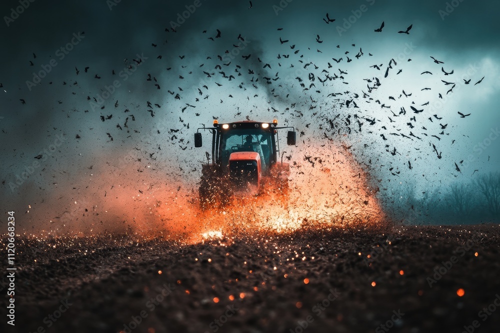 Tractor plowing field rural landscape agricultural action dusty environment low angle view farming concept for seo impact Tractor plowing field rural landscape agricultural action dusty environment low angle view farming concept for seo impact