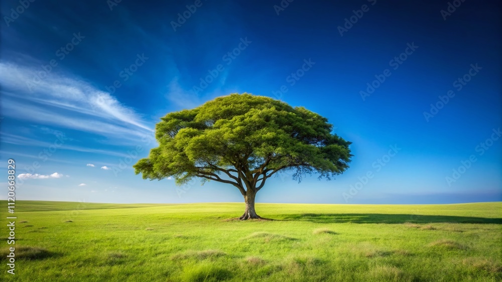 Obraz premium A tranquil oasis featuring a majestic tree surrounded by serene greenery in a vast open space, perfect for nature lovers seeking peace and simplicity.