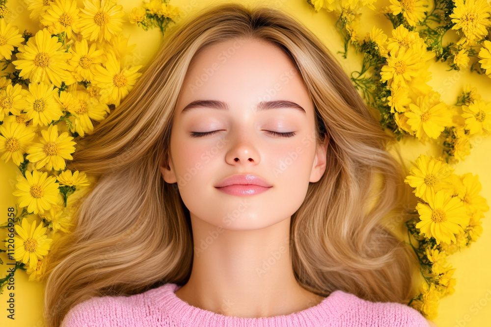 A woman with long blonde hair is laying on a bed of yellow flowers A woman with long blonde hair is laying on a bed of yellow flowers