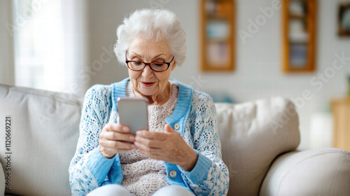 An elderly woman is sitting on a couch and looking at her cell phone