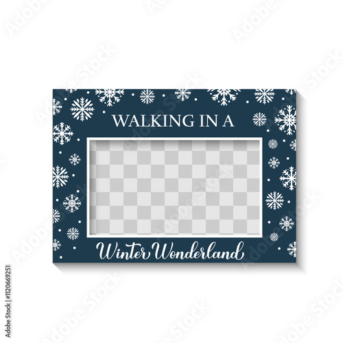 Winter wonderland photo booth frame with transparent background. Christmas holidays party photobooth props. Vector template.