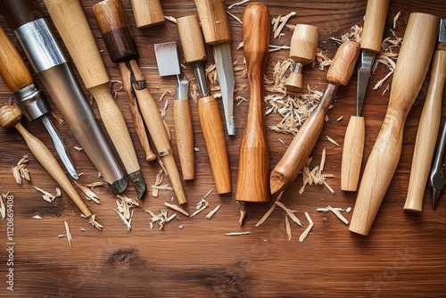 Woodworking Workbench with Hand Tools and Shavings in Traditional Carpentry Workshop photo