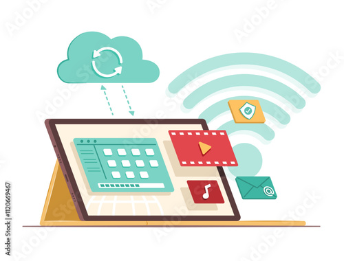 Laptop Computer Syncing Data Files with Cloud Computing Server for Wireless Connection Technology Concept Illustration